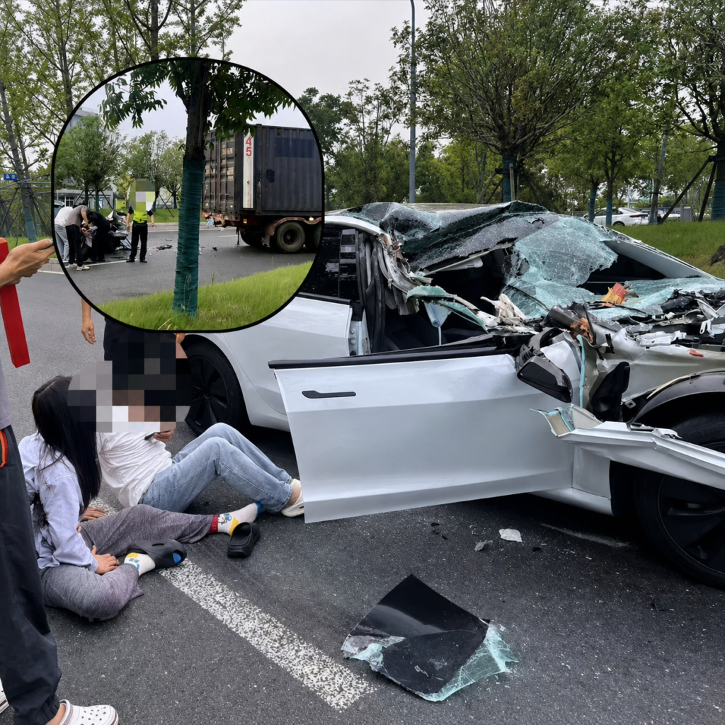 Model 3 Occupants Walk Away After Major Semi-Truck Crash